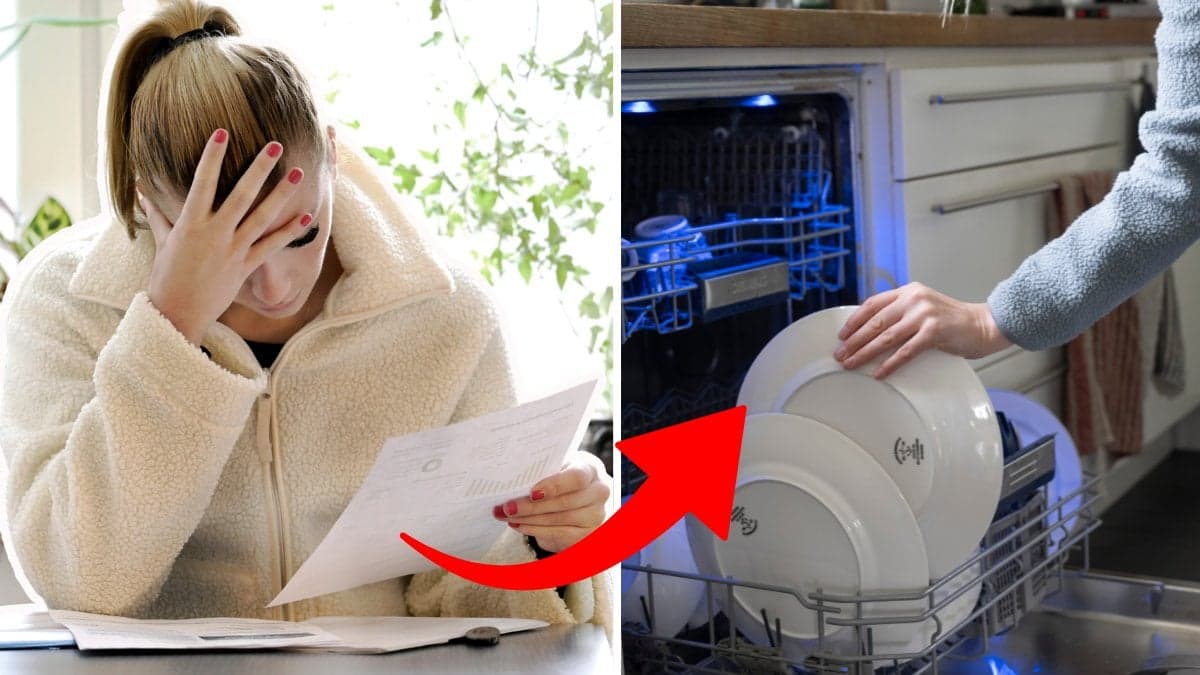 Ledsen kvinna som betalar räkning och diskmaskin