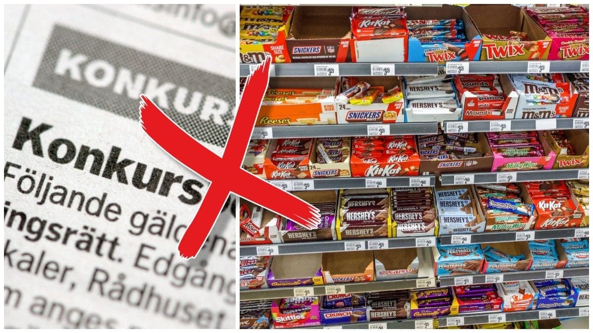 Konkursbeslut i tidning och hyllor med amerikanskt godis
