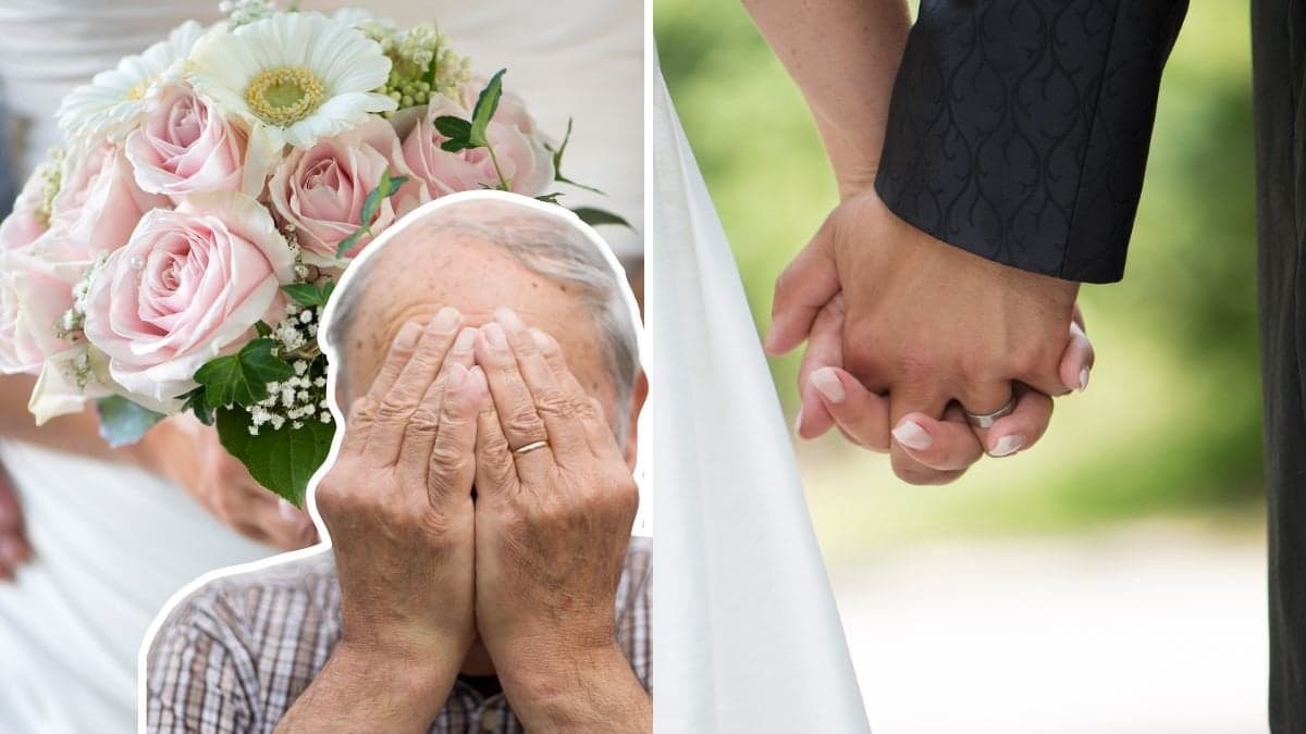 Brud, brudpar och en äldre man med händerna över ansiktet.