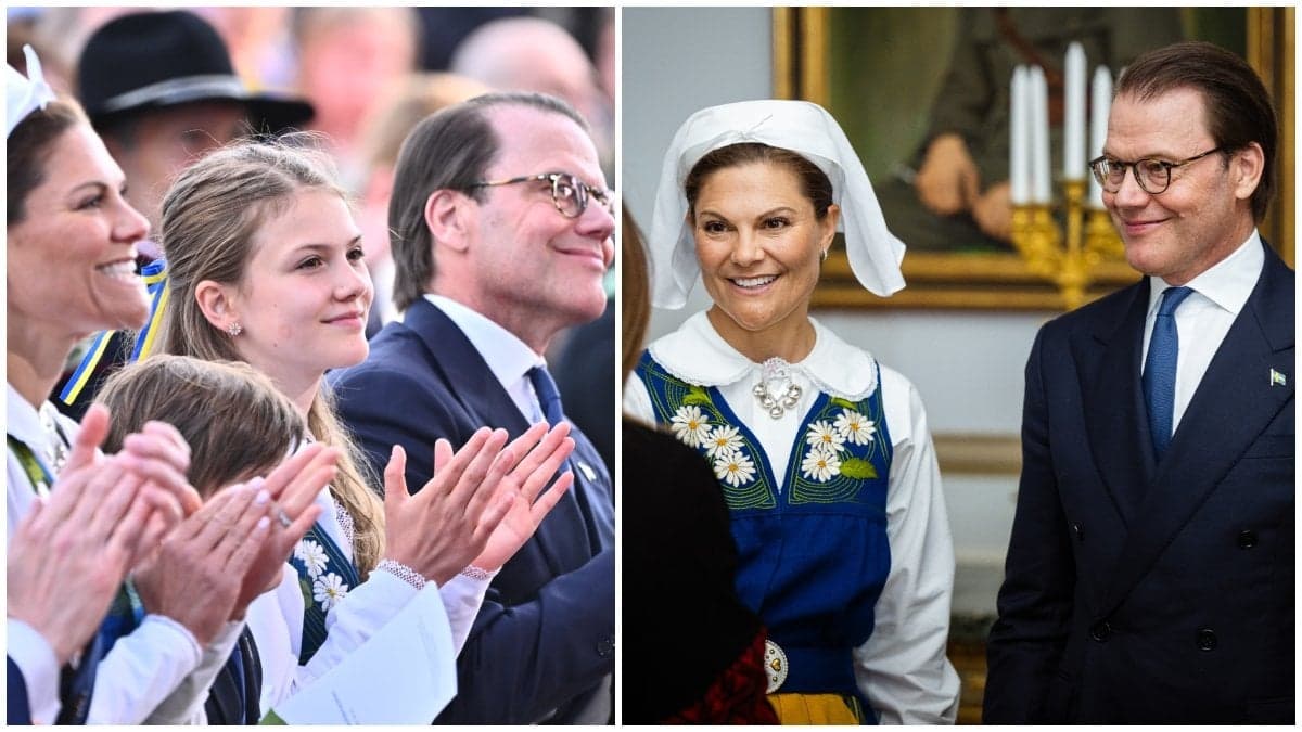 Kronprinsessparet applåderar i klädda finkläder för att fira nationaldagen. Jämte syns en bild drä kronprinsessan Victoria och prins Daniel ler, också iklädda finkläder och firar nationaldagen.