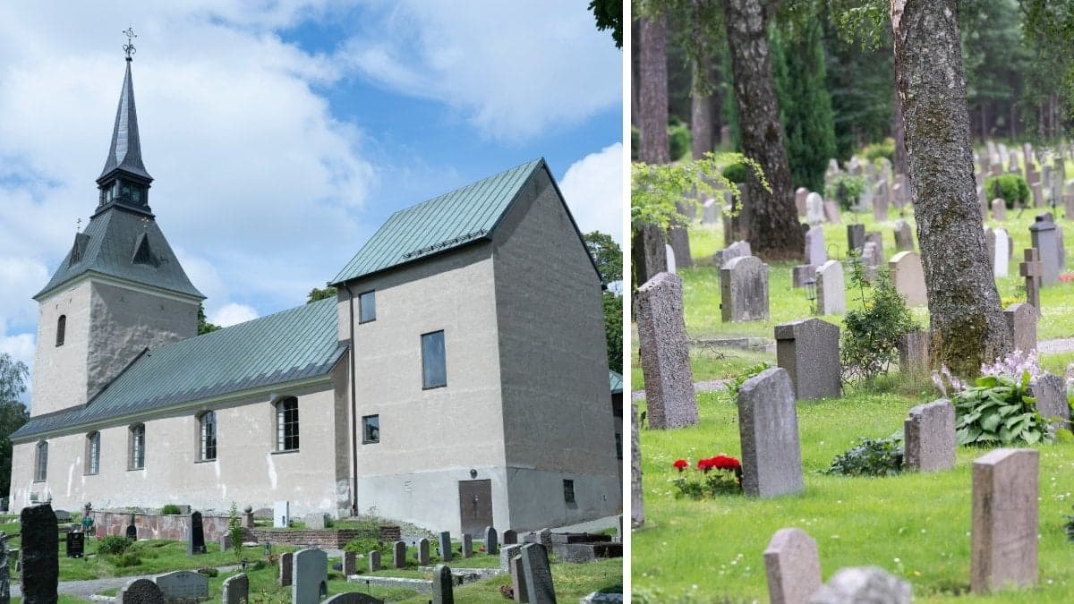Bilder på en kyrka och kyrkogård.
