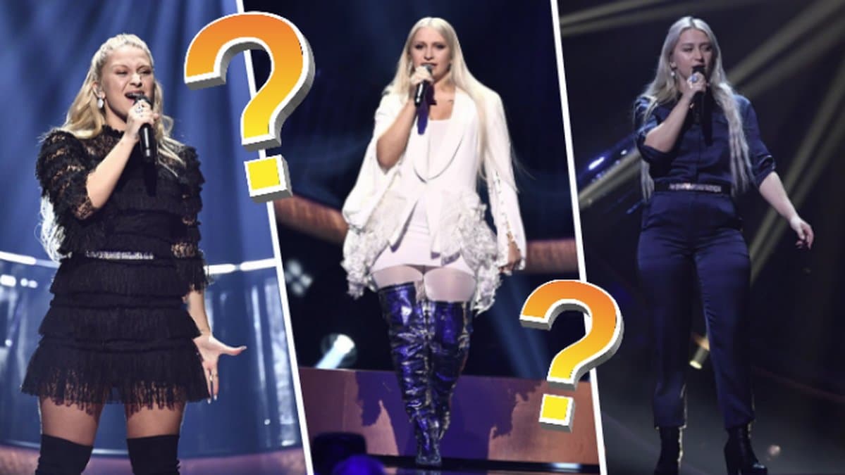 Rebecka Karlsson i tre olika outfits och orange frågetecken