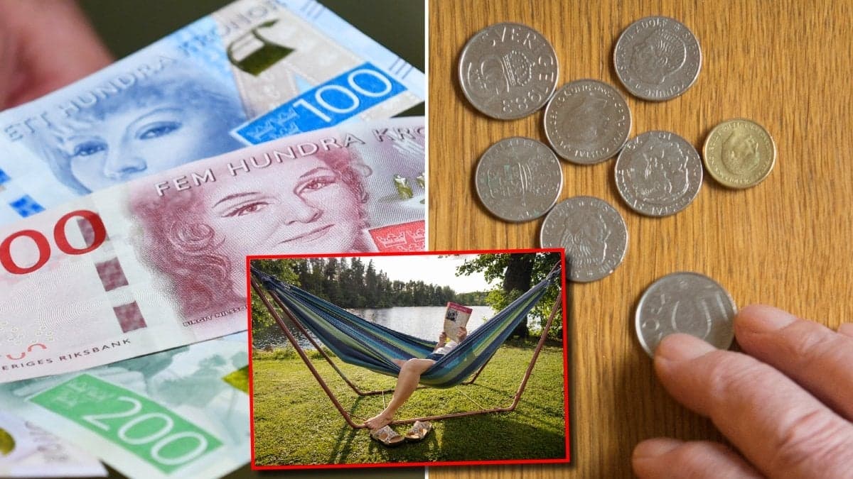 Sedlar, mynt och person i hängmatta.