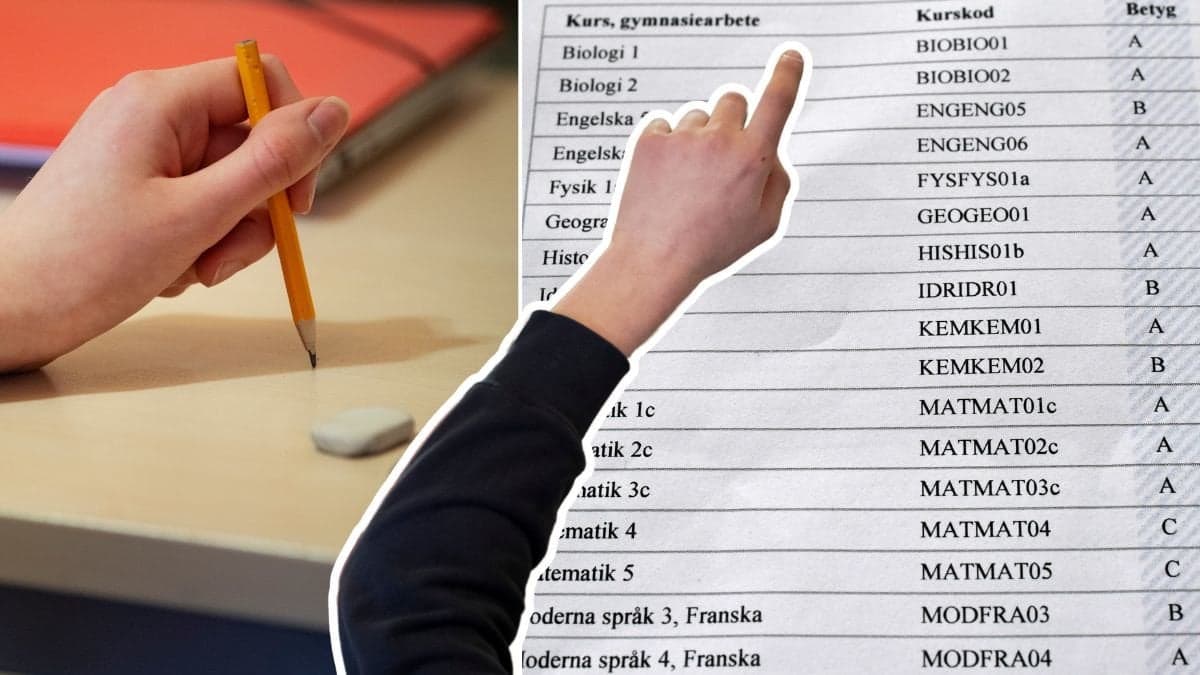 Skolbänk, en person som räcker upp handen och slutbetyg.