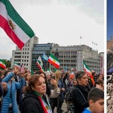 Demostration Iran vänster. Iran ruiner från byggnad höger.