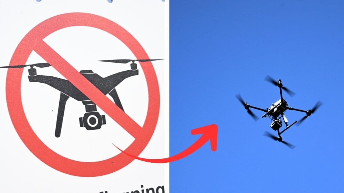 Drönarförbudskylt till vänster. Drönare till höger.