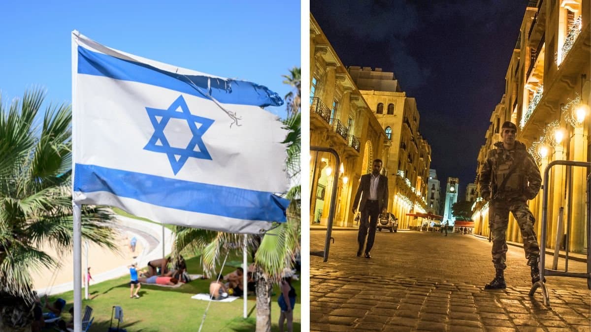 Israels flagga vänster. Libanon höger.