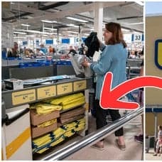 En kvinna som betalar på Gekås och en bild på varuhuset Gekås Ullared.