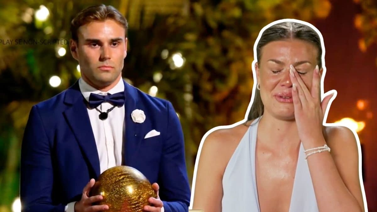 Johannes Magnussen håller i kulan i Paradise Hotel och Felicia Hallgrén gråter