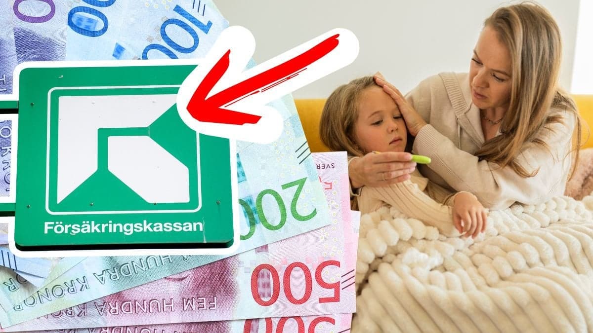 Försäkringskassans skylt, svenska sedlar och en mamma och ett barn