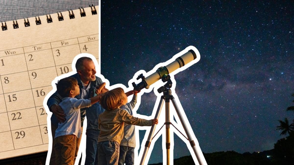 Almenacka till vänster, familj med stetoskop utklippta i mitten.Stjärnfall till höger.