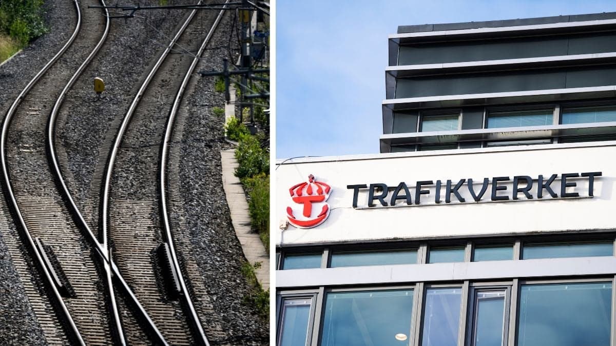 Tågräls till vänster. Trafikverket-skylt till höger.