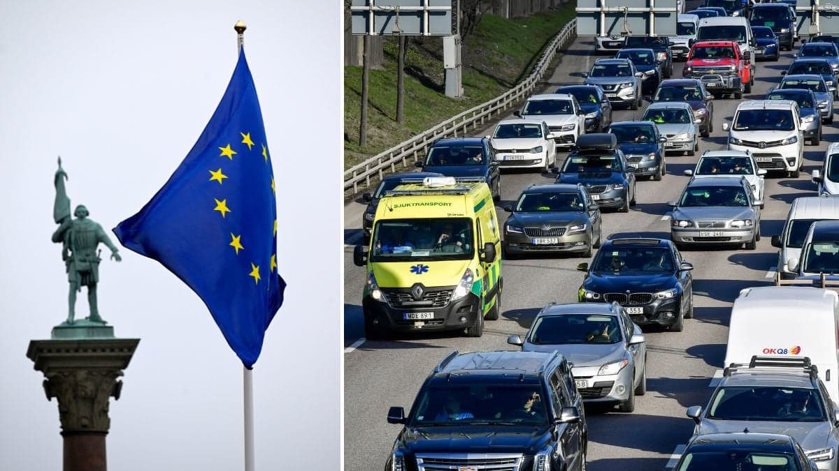 EU-flagga och bilkö på en motorväg.