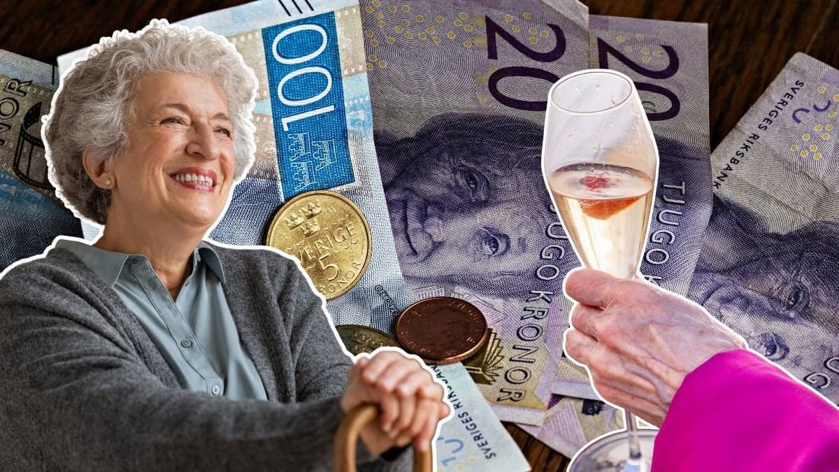 Pengar, champagneglas och en glad kvinna med käpp.