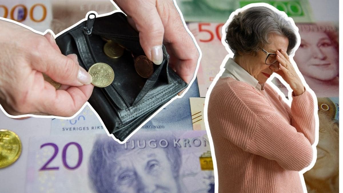 Pengar, plånbok med mynt i och kvinna med armarna i kors.