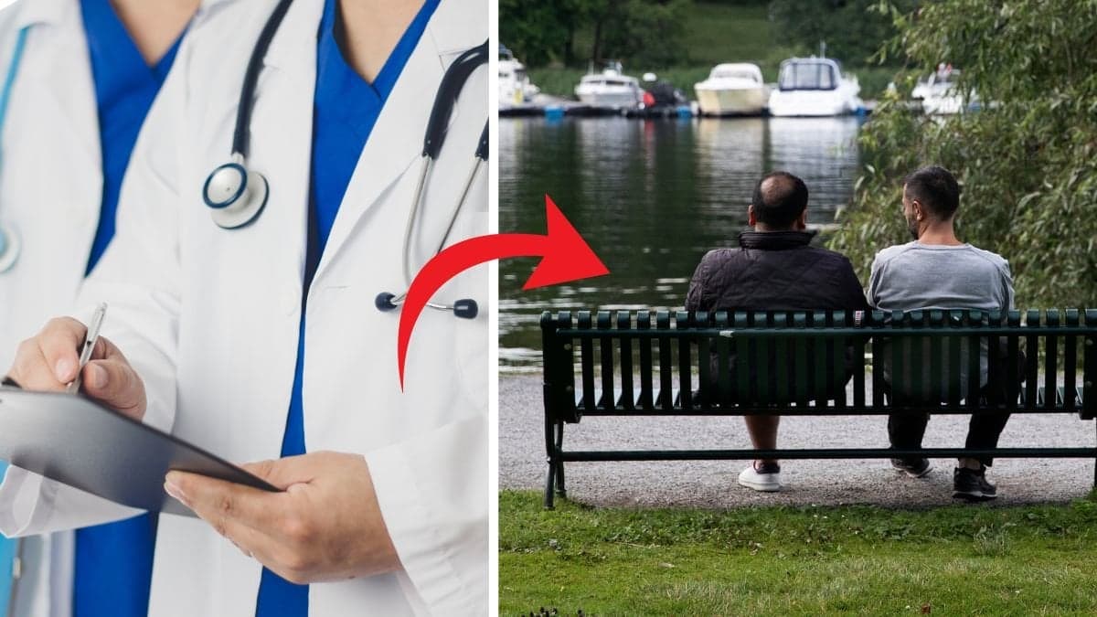 Läkare till vänster, två män på en parkbänk till höger.