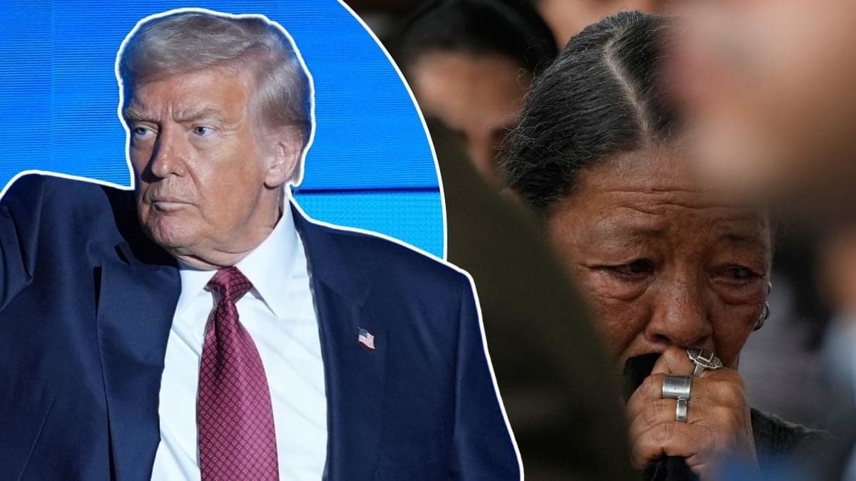 Bilder på en gråtande kvinna och Donald Trump. 