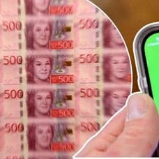 Bilder på Swish på mobilen och sedlar.