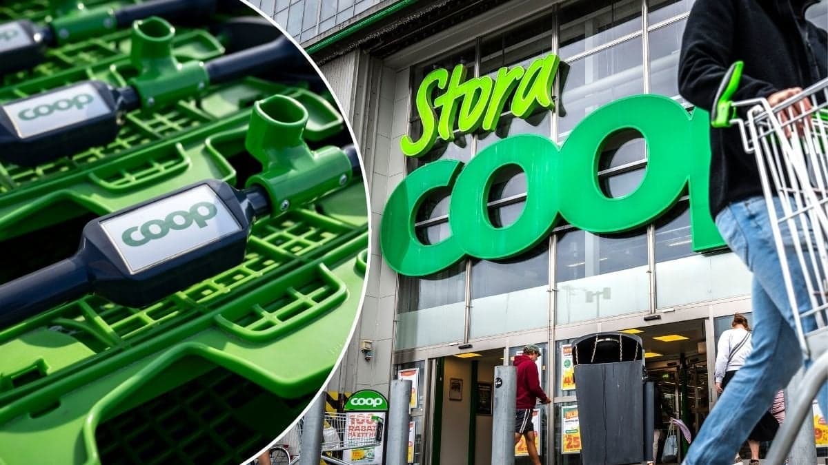 Bild på Coops entré och kundvagn.