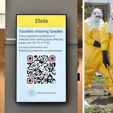 Ebola skylt på Arlanda och eboladräkter.