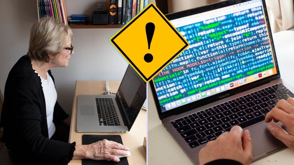 Kvinna vid dator och hacker vid datorn.