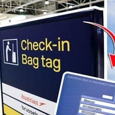 Checka in på flygplats och EU-flagga.