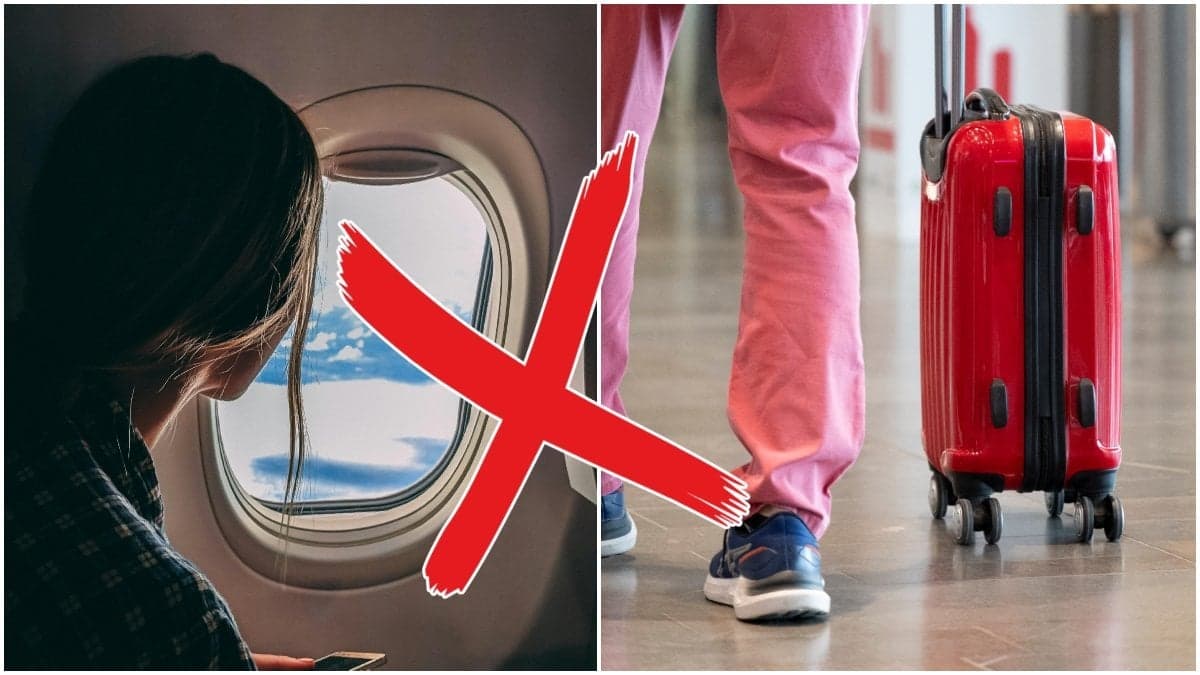 Kvinna som tittar ut genom fönster och man med röd resväska.