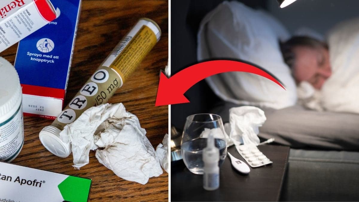 Medicin till vänster. Man sjuk i sängen till höger. Röd pil pekar från mannen till medicinen.