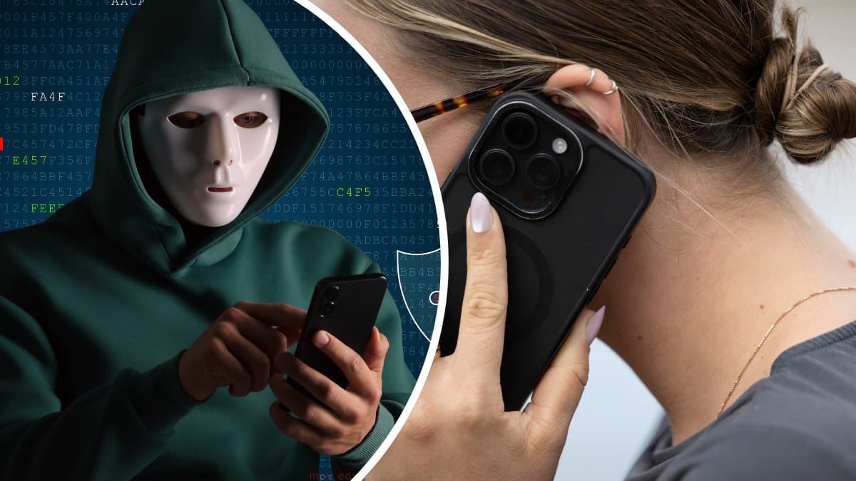 Person med mask över ansiktet och huvtröja på sig kollar på en telefon till vänster. En person med telefonen mot örat höger.
