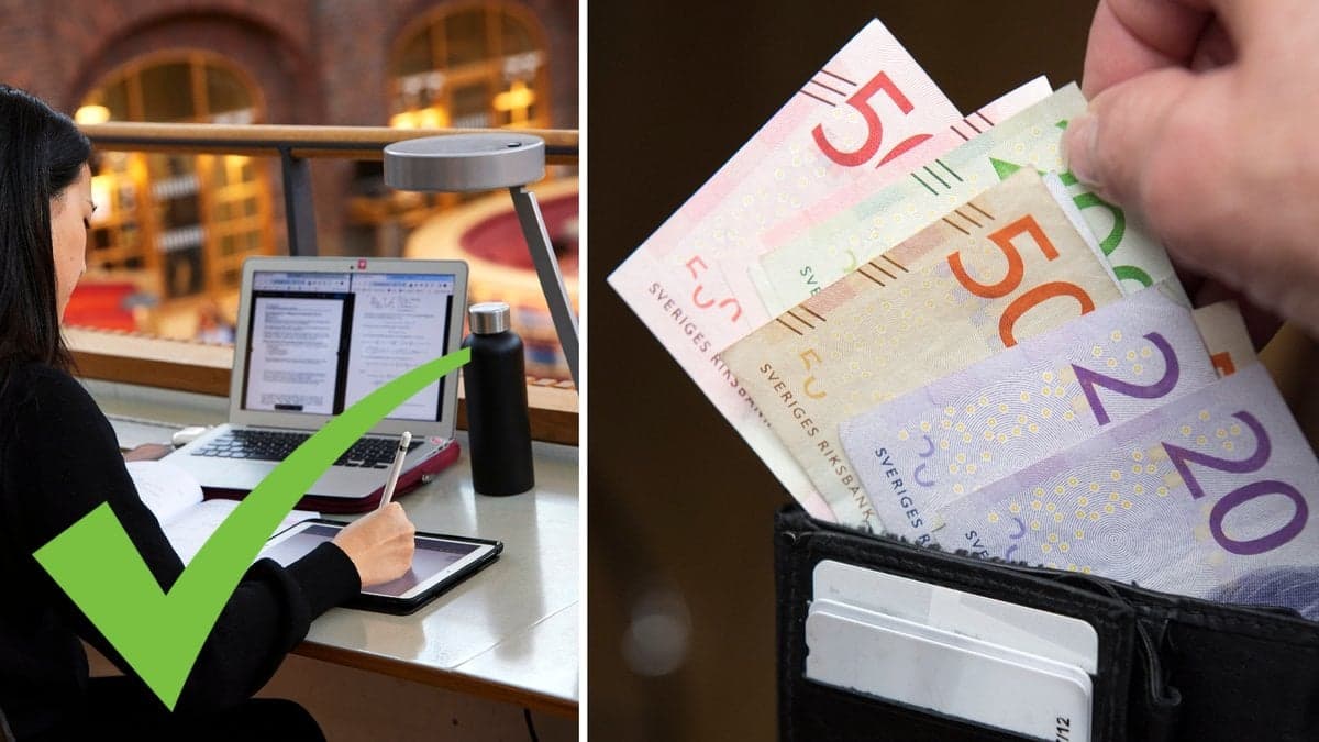 Bild på student och dator samt plånbok med sedlar