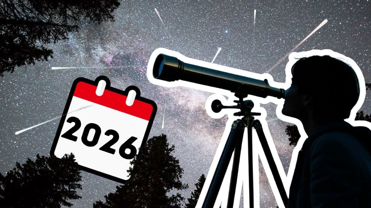 Meteorregn på himmel och siluett av person som står med stjärnkikare