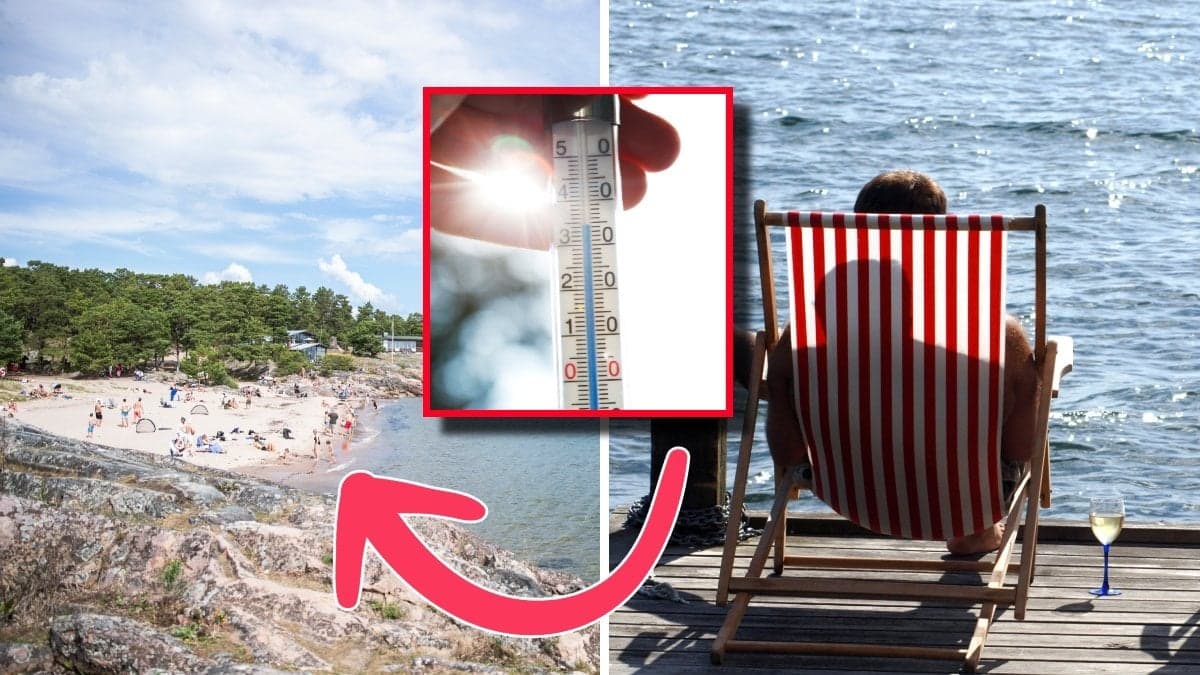 Bilden till vänster visar en strand. Bilden i mitten visar en termometer. Bilden till höger visar en person i solstol.