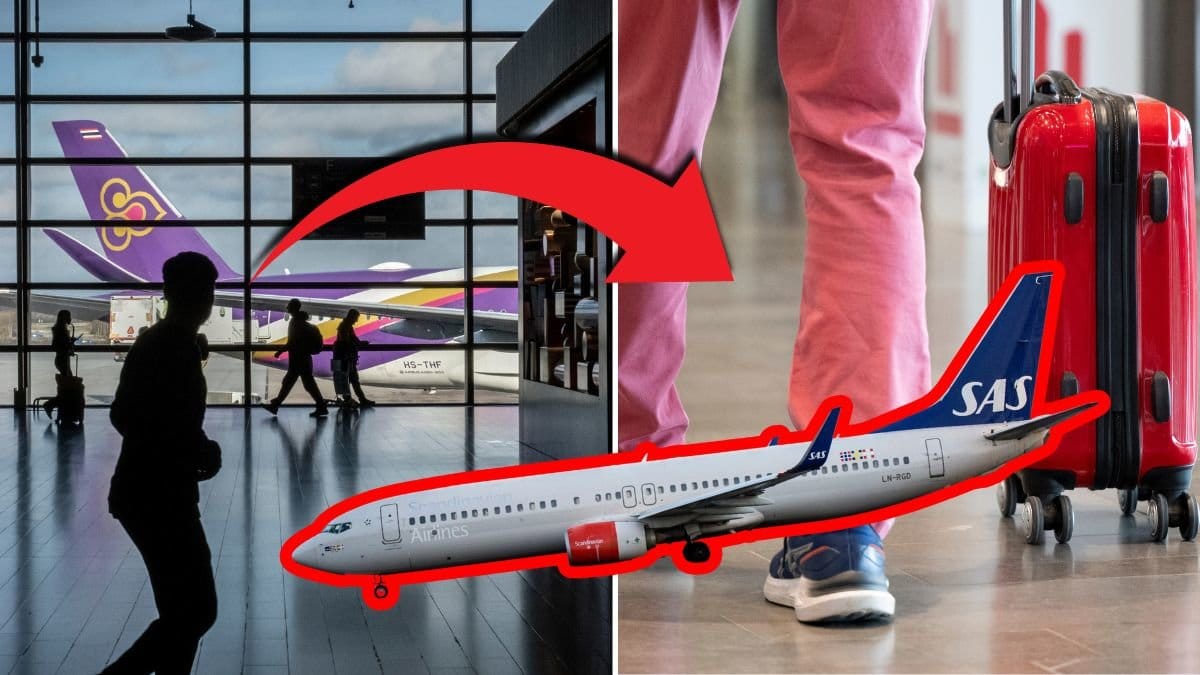 Arlanda terminal med folk i till vänster. Bild på ben och resväska till höger. Utklippt bild på SAS-plan över bilderna. Röd pil pekar på flygplanet.