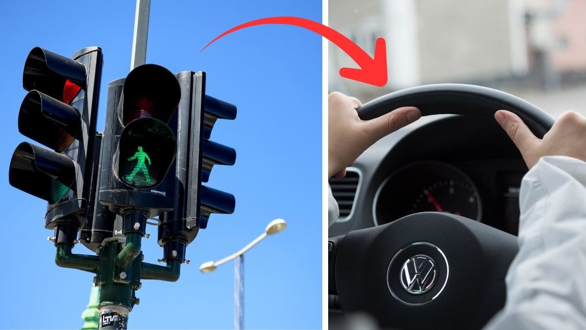 Trafikljus till vänster. Händer på en bilratt till höger. En röd pil pekar från trafikljuset till händerna på bilratten.