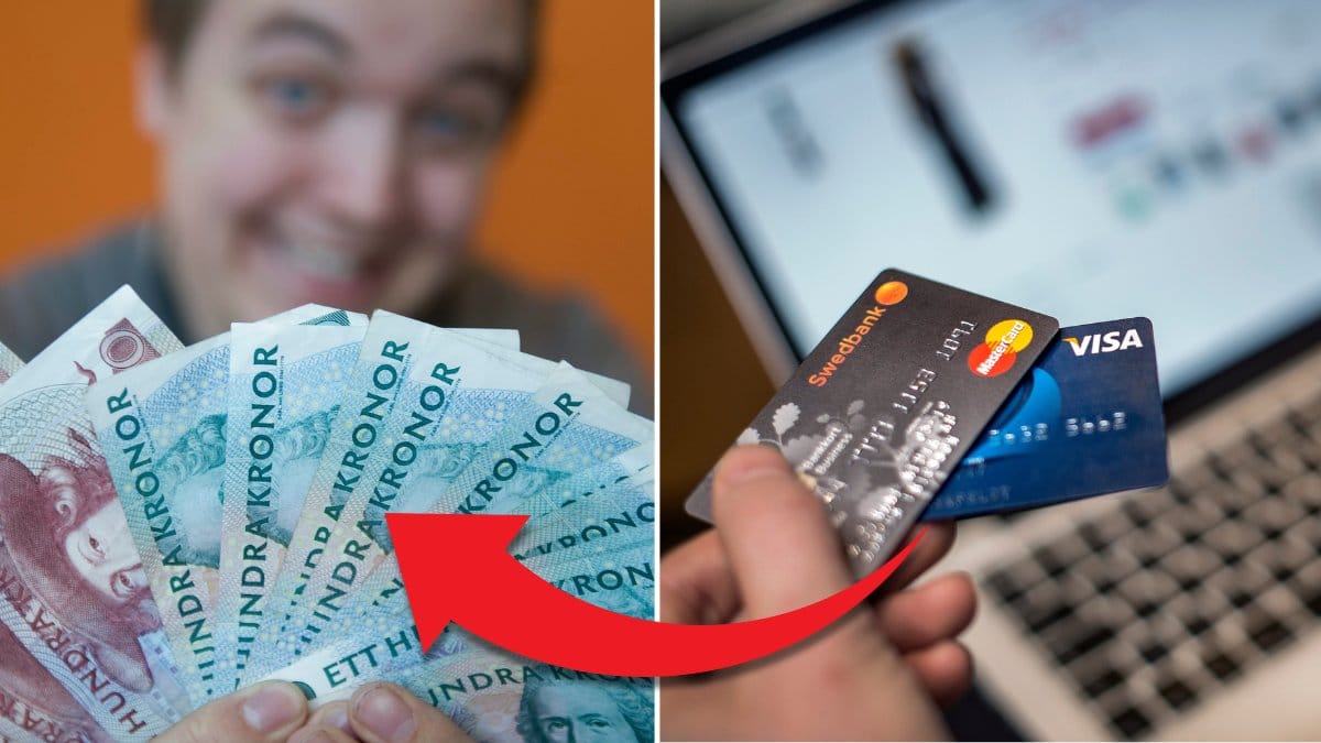 Man håller i svenska sedlar och en person nätshoppar framför dator.