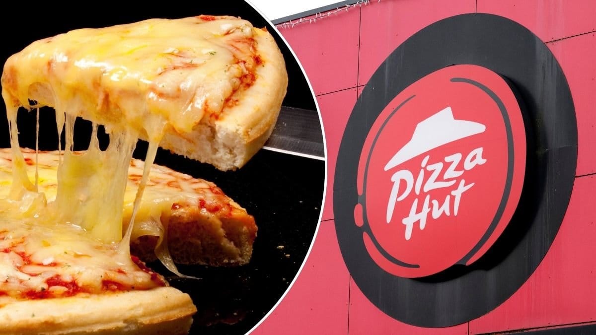 Bilder på Pizza Huts logga och en pizza.