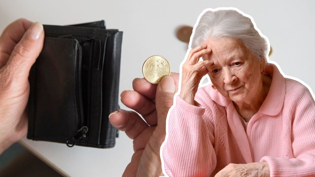 Plånbok med ett mynt i och en kvinna som funderar med handen i pannan.