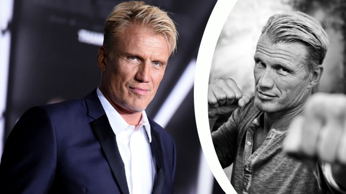 Dolph Lundgren i kostym och svartvit när han boxas.