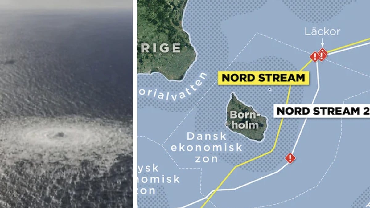 Kartan visar de fyra läckorna på gasledningarna Nord Stream och Nord Stream 2 samt ekonomiska zoner och territorialvatten.