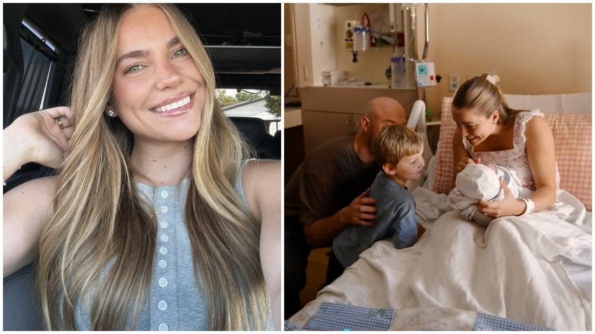 en bild på Emelie Kiser, till häger syns en bild på Emelie som håller i sin nyfödda son, där maken och den 3 årige sonen tittar påden nyfödda bebisen. 
