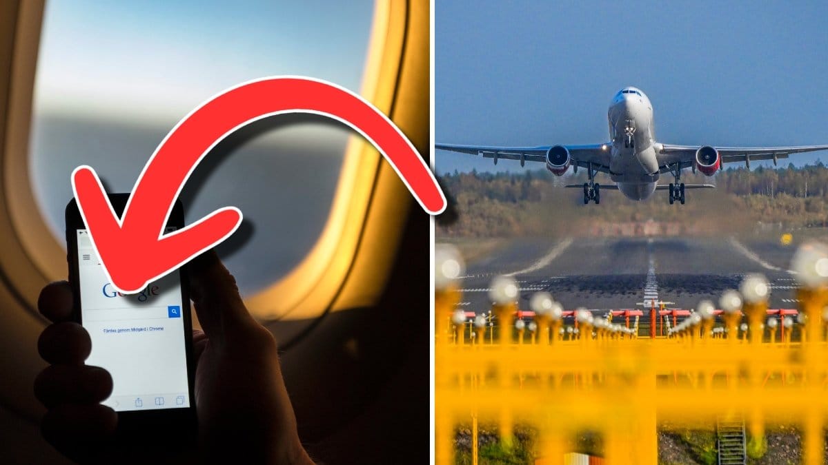 En mobiltelefon som surfar på internet ombord på ett flygplan och ett flygplan som lyfter från marken.