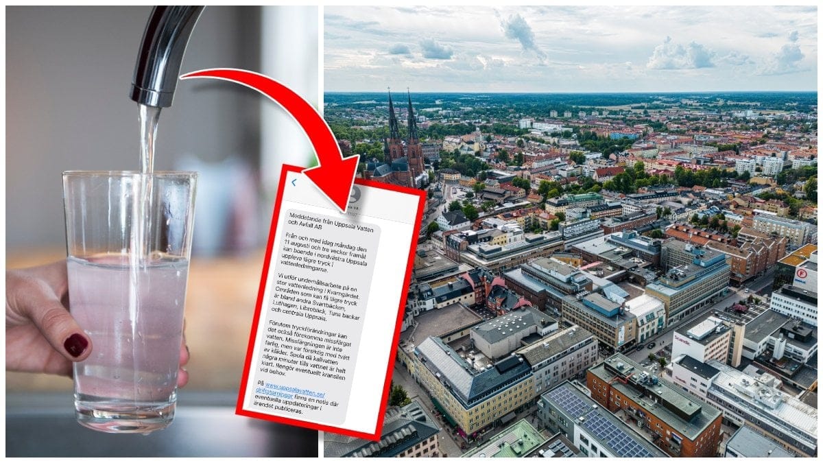 Person som fyller glas med vatten och en bild på Uppsala från ovan