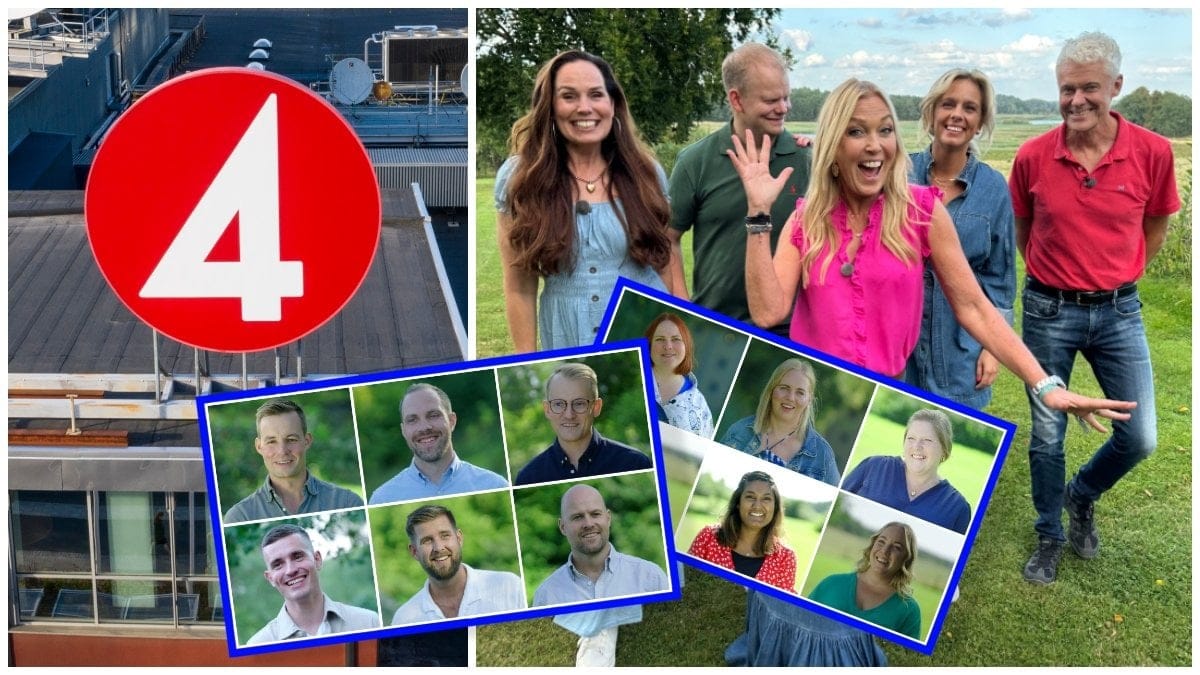 TV4-skylten på kanalens kontor, bönderna i Bonde söker fru – andra sommaren med Linda Lindorff och några av brevskrivarna i årets säsong.