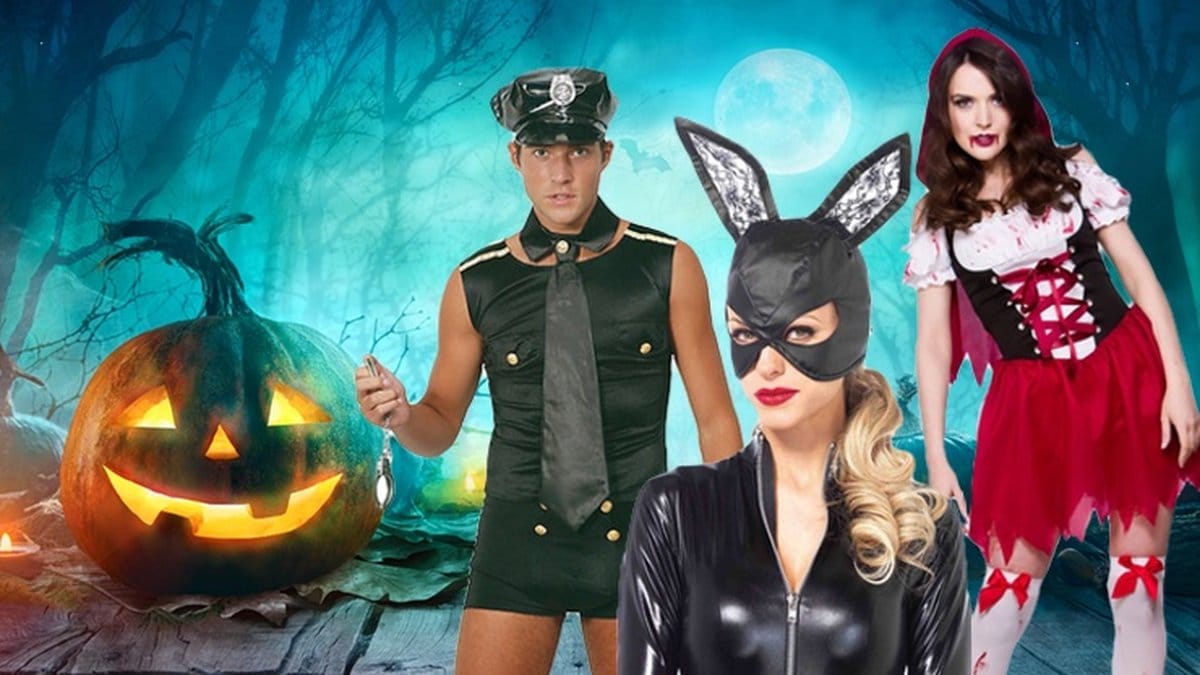 Pumpa till halloween, kille i polisdräkt, tjej som katt, rödluvan