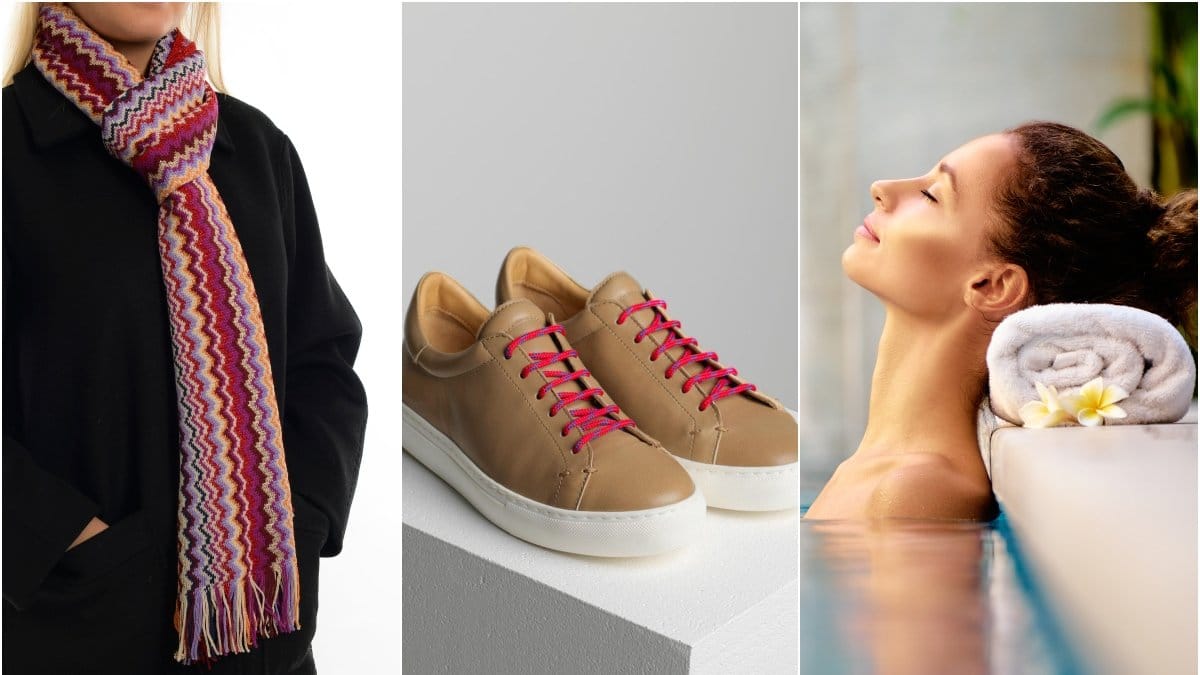 Missoniscarf, sneakers, kvinna på spa