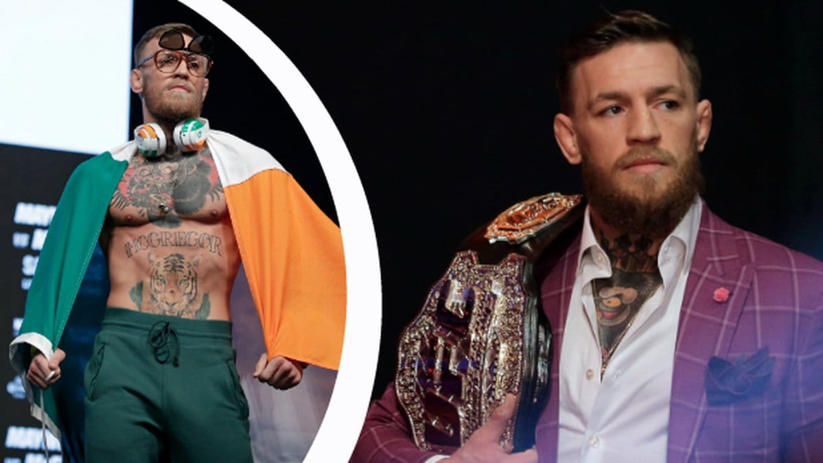 Conor McGregor med irländsk flagga. Conor McGregor med UFC-bälte.