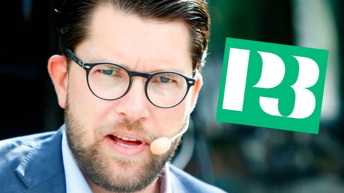 Jimmie Åkesson. Över bilden är en inklippt P3-logga. 