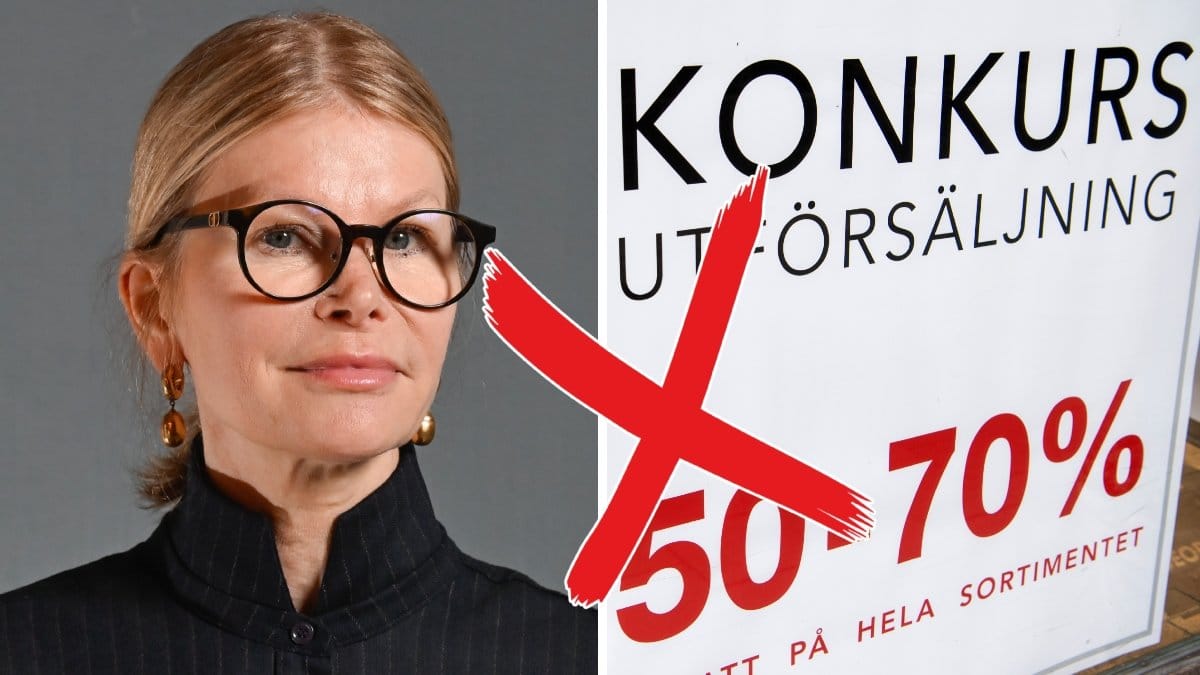 Bild på Anna Teurnell och en konkurs-skylt.