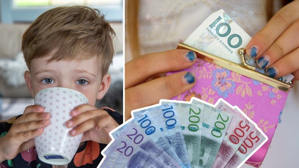 Barn, plånbok och sedlar.