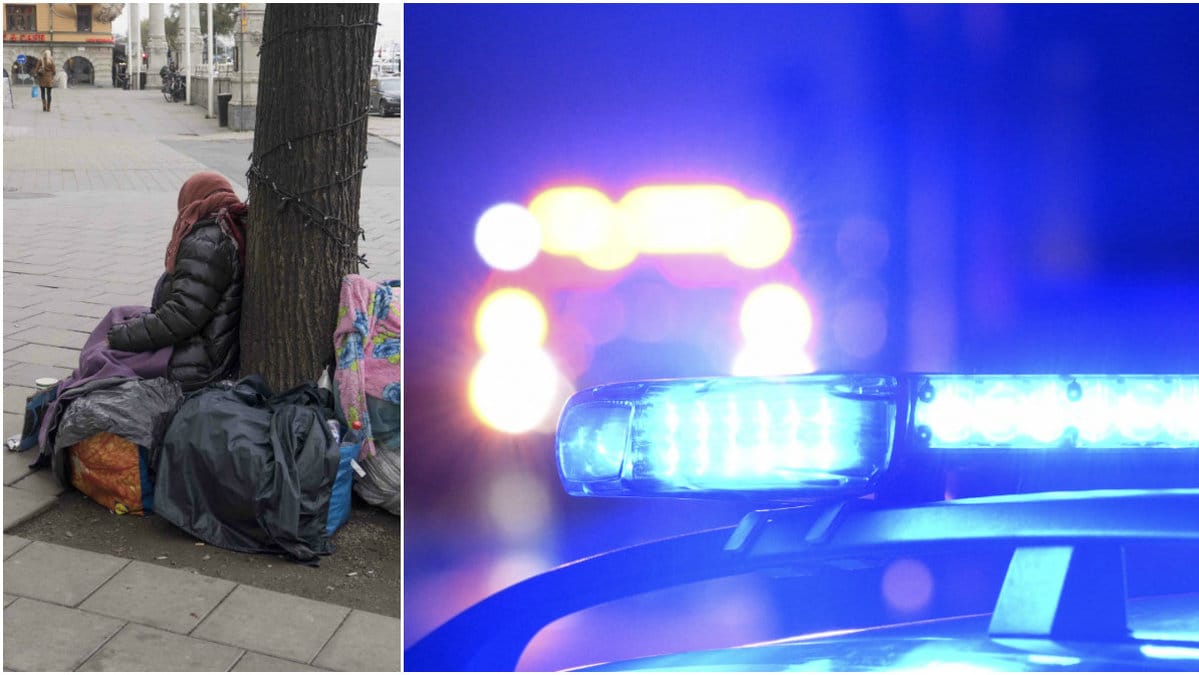 Till vänster syns en person som tigger vid ett träd, till höger syns polis som under tisdagen grep ett tiotal personer. 